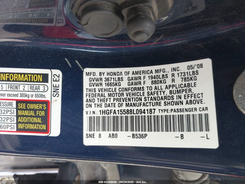 2008 Honda Civic Lx VIN: 1HGFA15588L094187 Lot: 43305056
