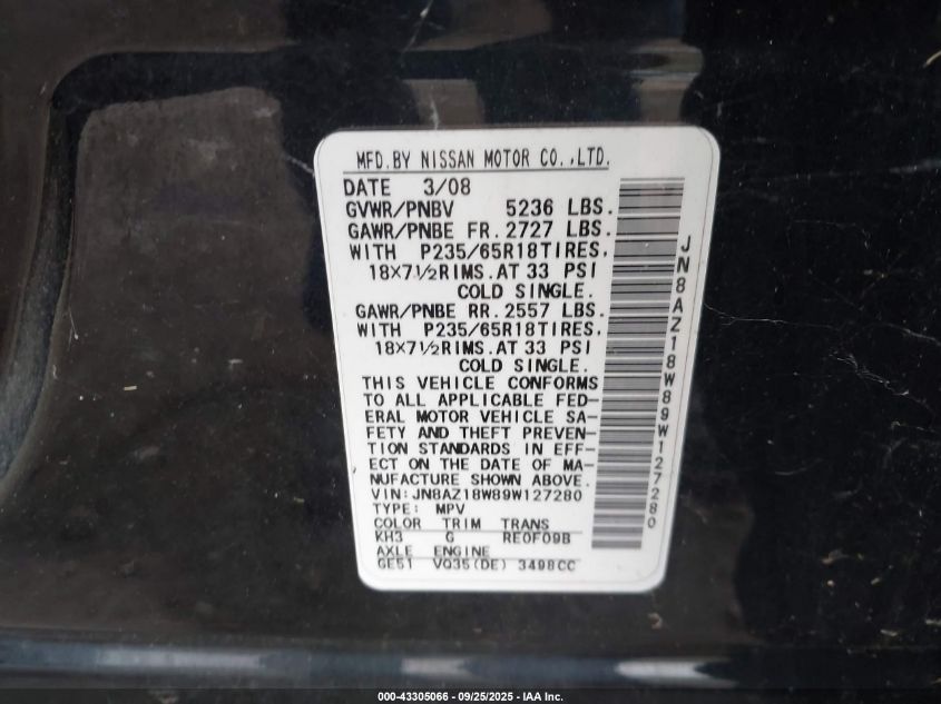 2009 Nissan Murano S VIN: JN8AZ18W89W127280 Lot: 43305066