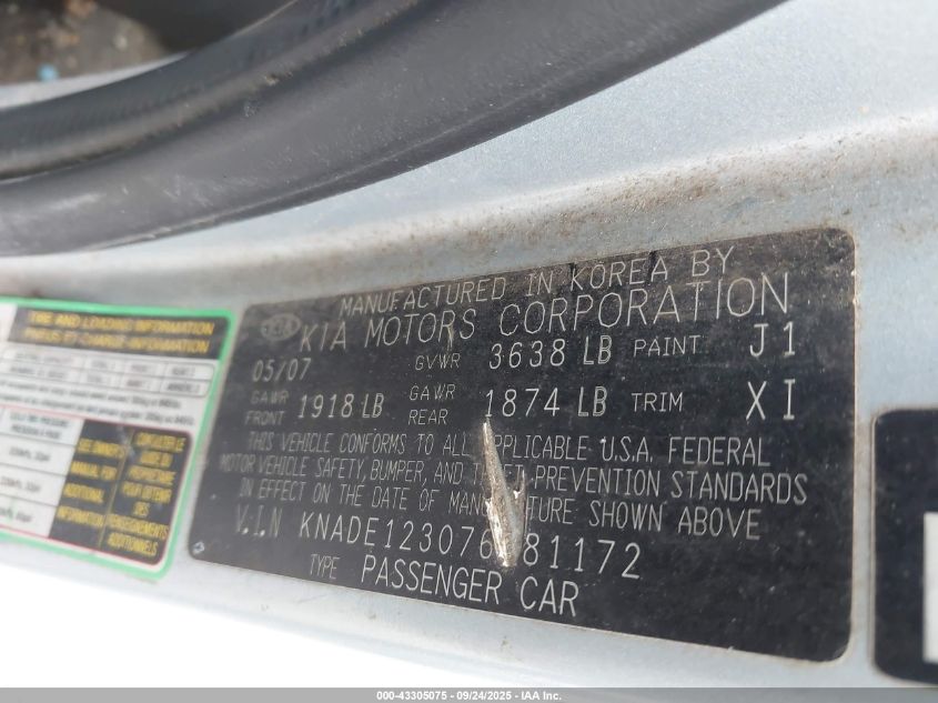 2007 Kia Rio Lx VIN: KNADE123076281172 Lot: 43305075