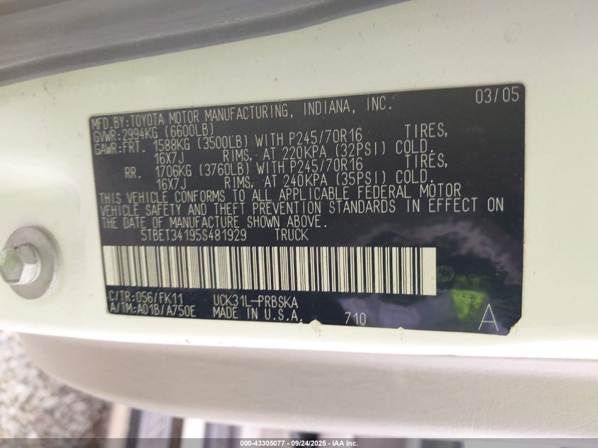 2005 Toyota Tundra Sr5 V8 VIN: 5TBET34195S481929 Lot: 43305077