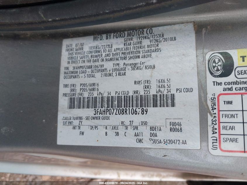 2008 Ford Fusion Se VIN: 3FAHP07Z08R106789 Lot: 43305078