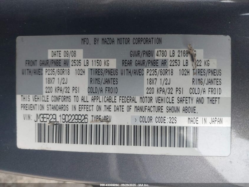 2009 Mazda Cx-7 Grand Touring VIN: JM3ER29L190229926 Lot: 43305094