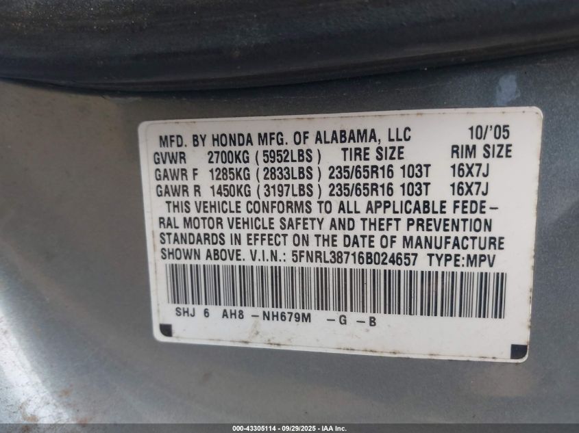 2006 Honda Odyssey Ex-L VIN: 5FNRL38716B024657 Lot: 43305114