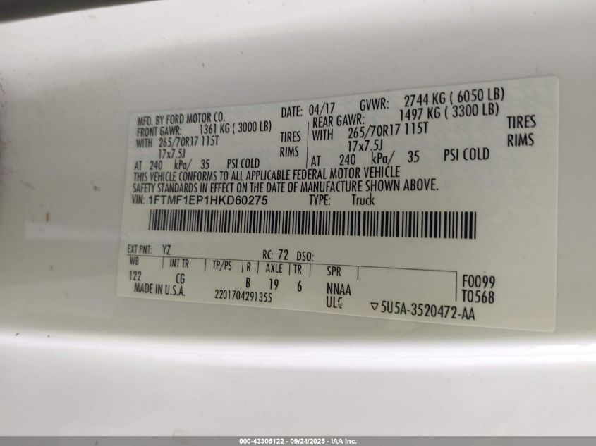 2017 Ford F-150 Xl VIN: 1FTMF1EP1HKD60275 Lot: 43305122
