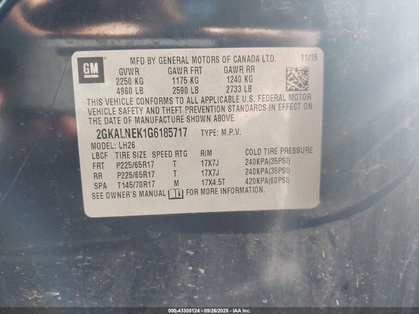 2016 GMC Terrain Sle-2 VIN: 2GKALNEK1G6185717 Lot: 43305124