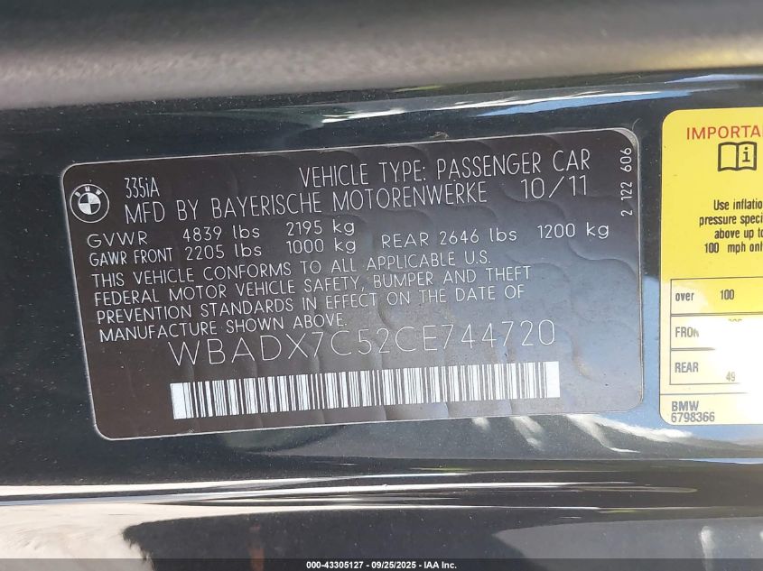 2012 BMW 335I VIN: WBADX7C52CE744720 Lot: 43305127