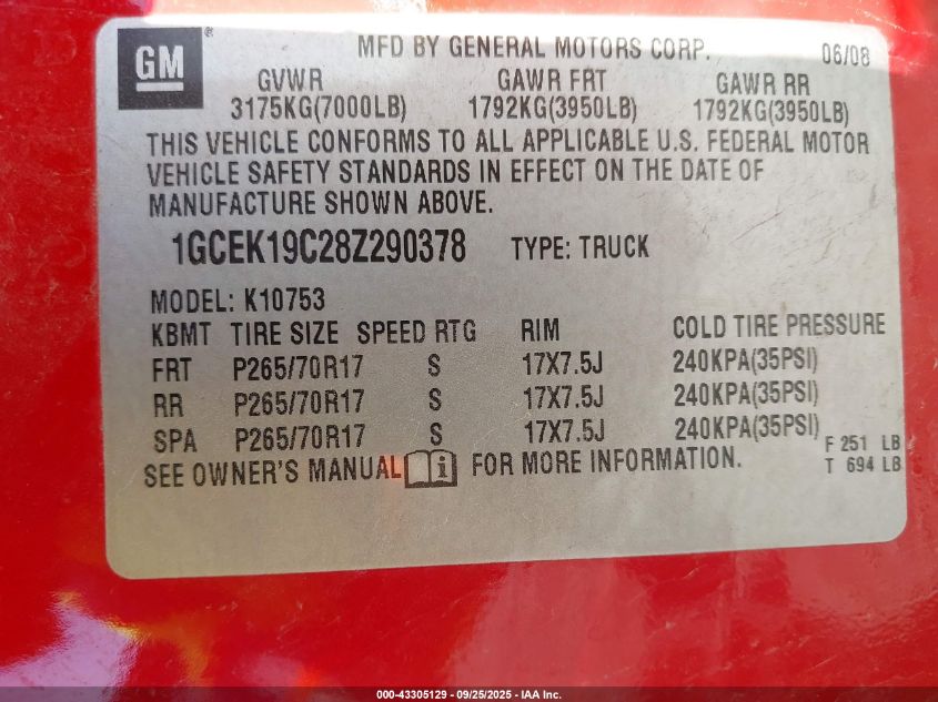 2008 Chevrolet Silverado 1500 Lt1 VIN: 1GCEK19C28Z290378 Lot: 43305129