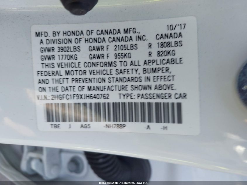 2018 Honda Civic Touring VIN: 2HGFC1F9XJH640762 Lot: 43305138