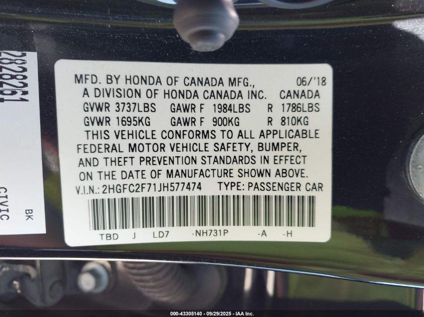 2018 Honda Civic Ex VIN: 2HGFC2F71JH577474 Lot: 43305140