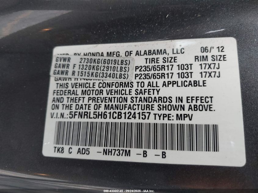 2012 Honda Odyssey Ex-L VIN: 5FNRL5H61CB124157 Lot: 43305145