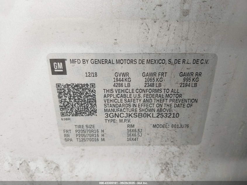 2019 Chevrolet Trax Ls VIN: 3GNCJKSB0KL253210 Lot: 43305161