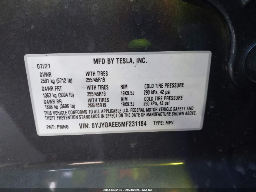 2021 Tesla Model Y Long Range Dual Motor All-Wheel Drive VIN: 5YJYGAEE5MF231184 Lot: 43305165