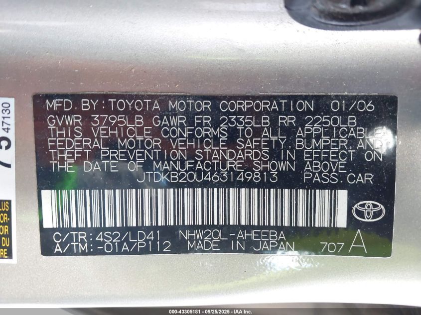 2006 Toyota Prius VIN: JTDKB20U463149813 Lot: 43305181