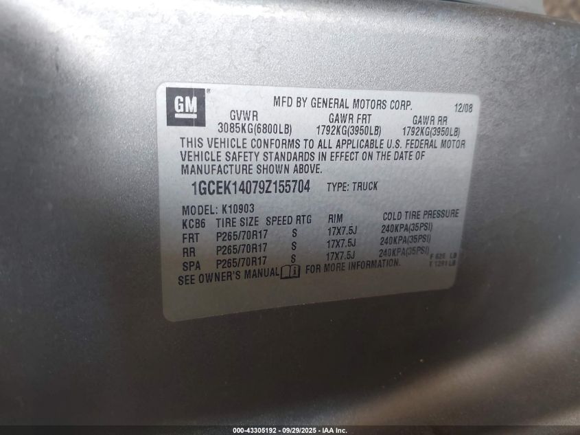 2009 Chevrolet Silverado 1500 Work Truck VIN: 1GCEK14079Z155704 Lot: 43305192