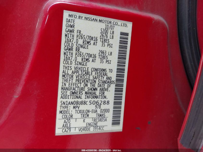 2008 Nissan Xterra X VIN: 5N1AN08U88C506288 Lot: 43305198