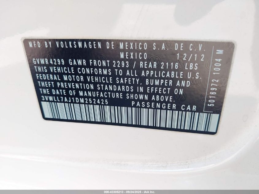 2013 Volkswagen Jetta 2.0L Tdi VIN: 3VWLL7AJ1DM252425 Lot: 43305213