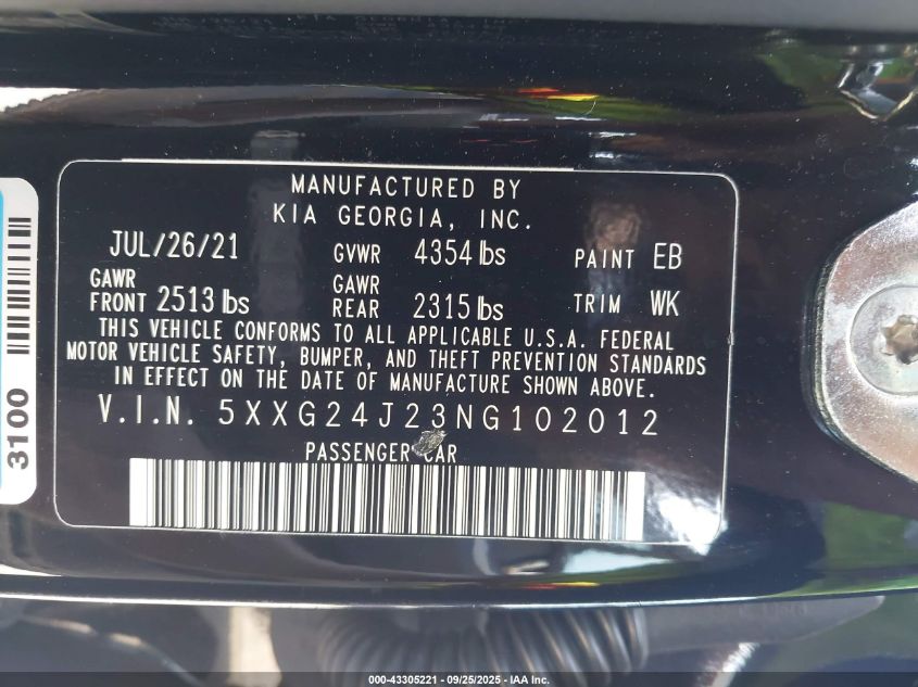 2022 Kia K5 Lx VIN: 5XXG24J23NG102012 Lot: 43305221