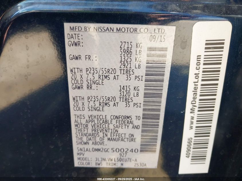 2016 Infiniti Qx60 VIN: 5N1AL0MM2GC500240 Lot: 43305227