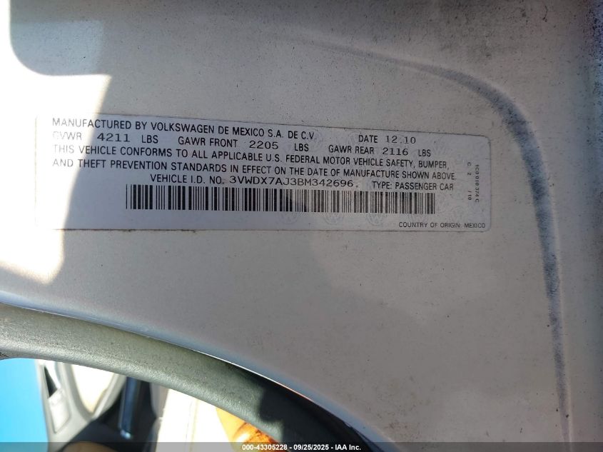 2011 Volkswagen Jetta 2.5L Se VIN: 3VWDX7AJ3BM342696 Lot: 43305228