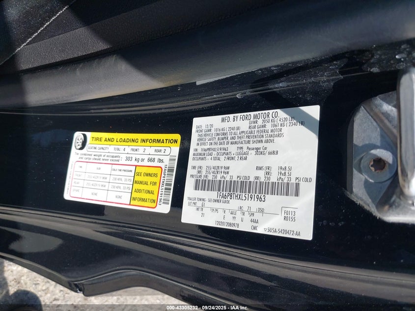 2020 FORD MUSTANG ECOBOOST FASTBACK - 1FA6P8THXL5191963