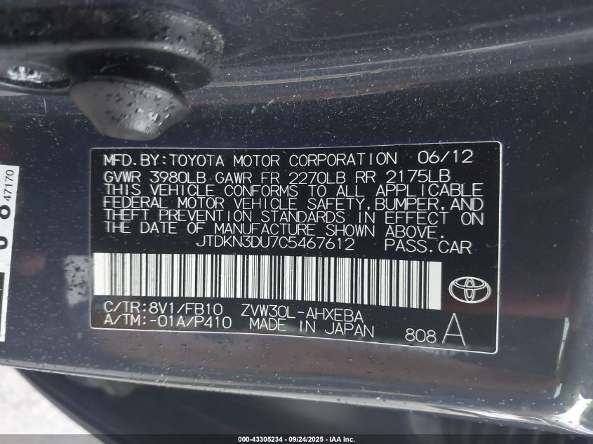 2012 Toyota Prius Three VIN: JTDKN3DU7C5467612 Lot: 43305234