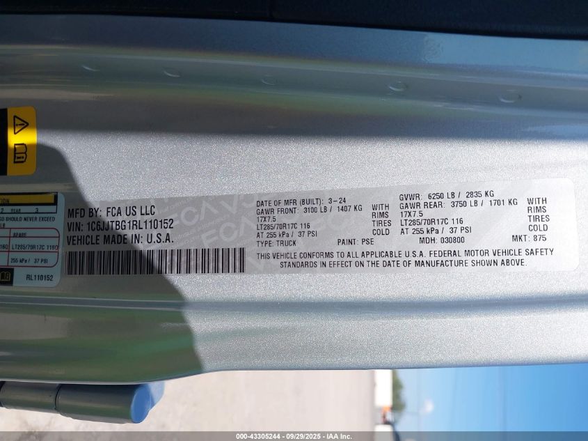 2024 Jeep Gladiator Rubicon X VIN: 1C6JJTBG1RL110152 Lot: 43305244