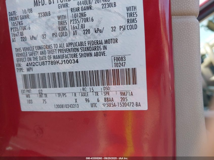 2009 Mercury Mariner Premier VIN: 4M2CU87789KJ10034 Lot: 43305260