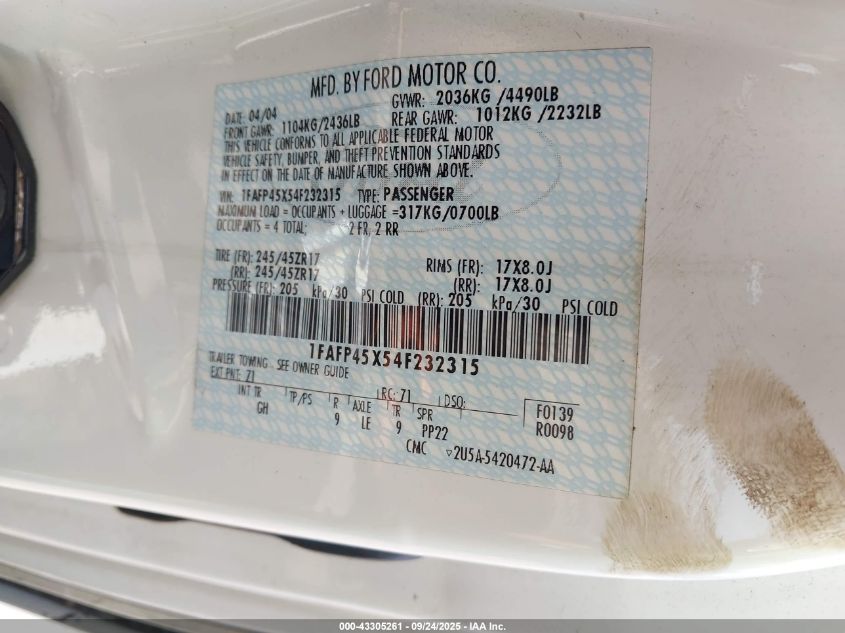 2004 Ford Mustang Gt VIN: 1FAFP45X54F232315 Lot: 43305261