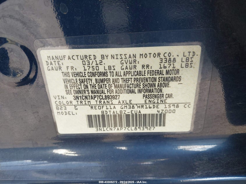 2012 Nissan Versa 1.6 Sv VIN: 3N1CN7AP7CL893927 Lot: 43305272