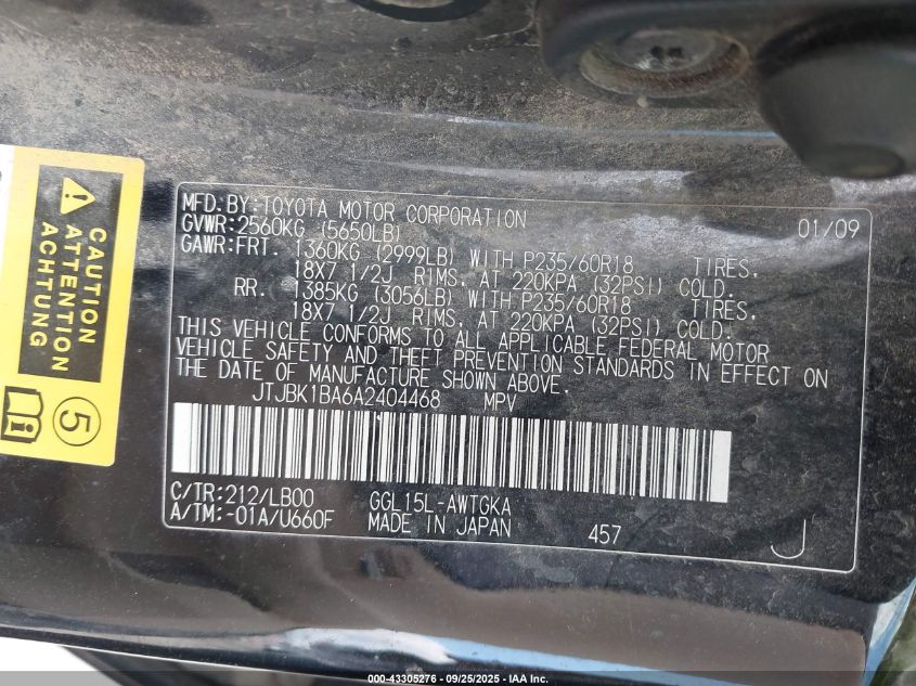 2010 Lexus Rx 350 VIN: JTJBK1BA6A2404468 Lot: 43305276