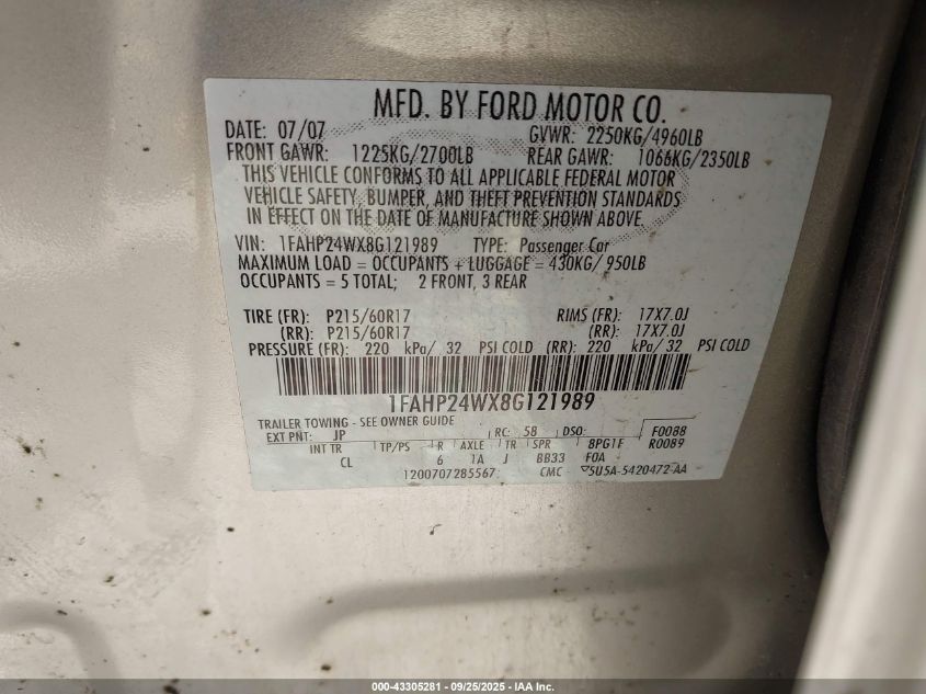 2008 Ford Taurus Sel VIN: 1FAHP24WX8G121989 Lot: 43305281