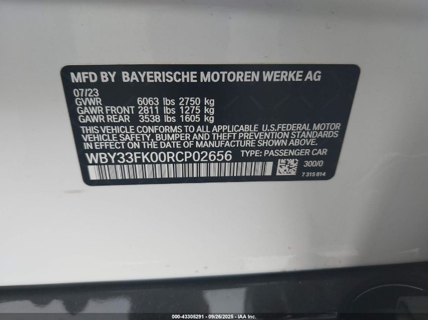 2024 BMW I5 Edrive40 VIN: WBY33FK00RCP02656 Lot: 43305291