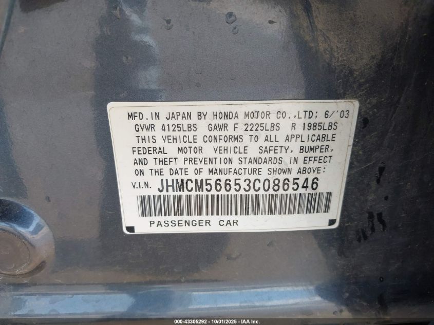 2003 Honda Accord 2.4 Ex VIN: JHMCM56653C086546 Lot: 43305292