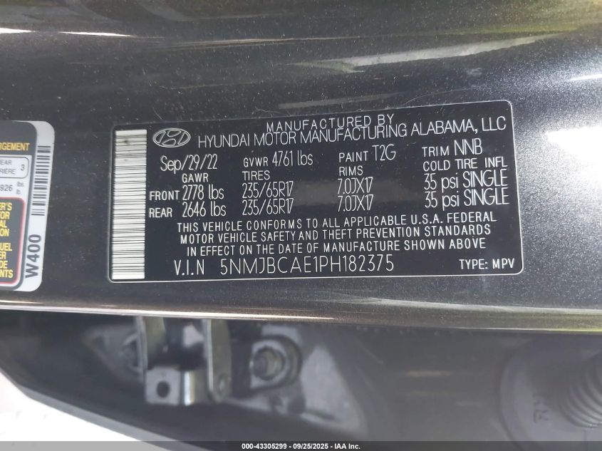 2023 Hyundai Tucson Sel VIN: 5NMJBCAE1PH182375 Lot: 43305299