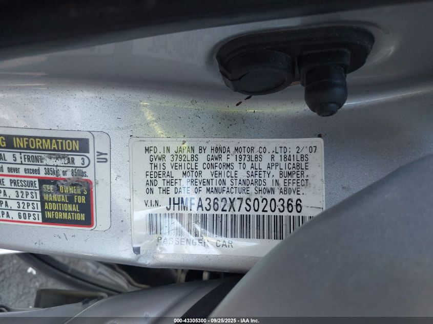 2007 Honda Civic Hybrid VIN: JHMFA362X7S020366 Lot: 43305300