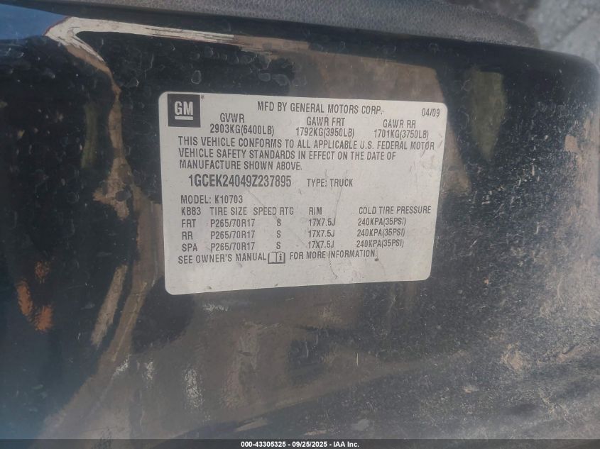 2009 Chevrolet Silverado 1500 Lt VIN: 1GCEK24049Z237895 Lot: 43305325