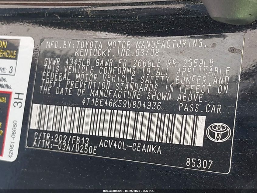 2009 Toyota Camry VIN: 4T1BE46K59U804936 Lot: 43305329