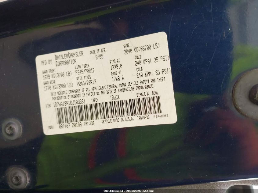 2006 Dodge Ram 1500 Slt VIN: 1D7HA18N16J103331 Lot: 43305334