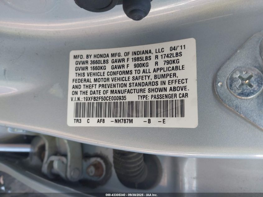 2012 Honda Civic Lx VIN: 19XFB2F50CE000935 Lot: 43305340