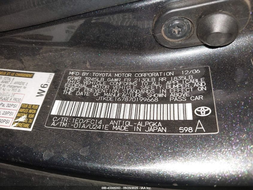 2007 Scion Tc VIN: JTKDE167870199668 Lot: 43305353