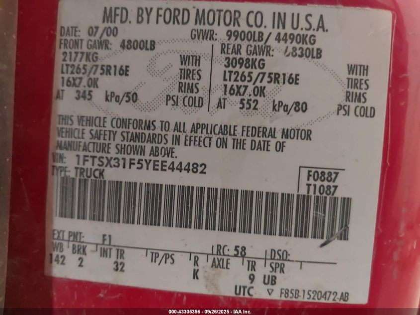 2000 Ford F-350 Lariat/Xl/Xlt VIN: 1FTSX31F5YEE44482 Lot: 43305356