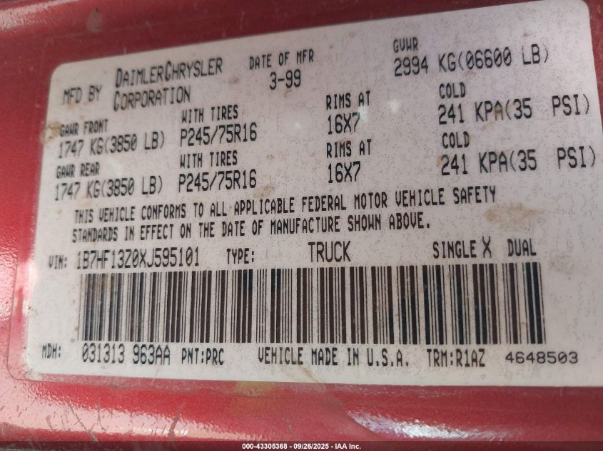 1999 Dodge Ram 1500 St VIN: 1B7HF13Z0XJ595101 Lot: 43305368