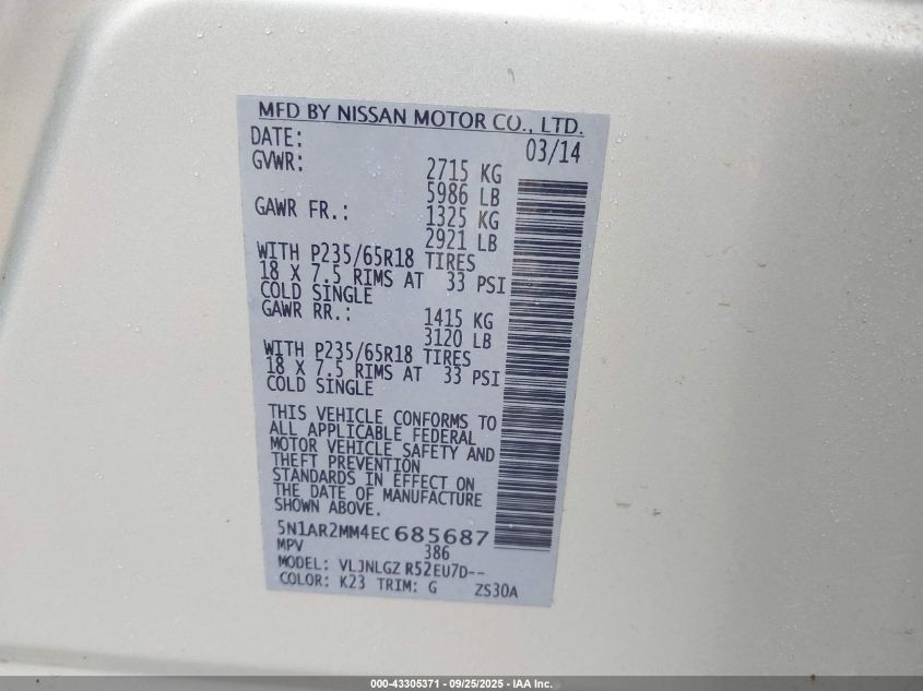 2014 Nissan Pathfinder Sl VIN: 5N1AR2MM4EC685687 Lot: 43305371