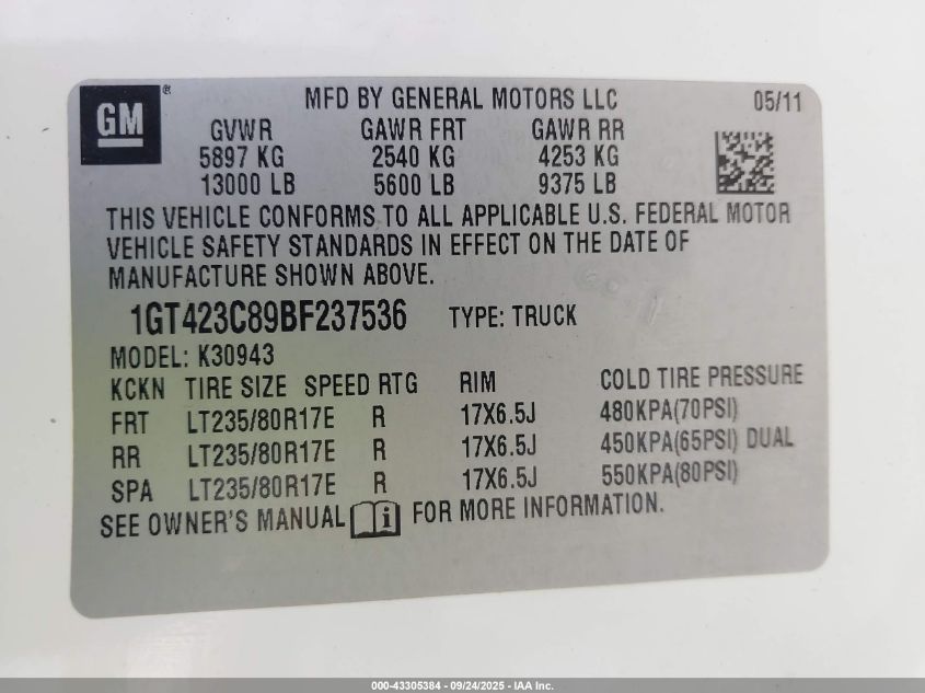 2011 GMC Sierra 3500Hd Sle VIN: 1GT423C89BF237536 Lot: 43305384