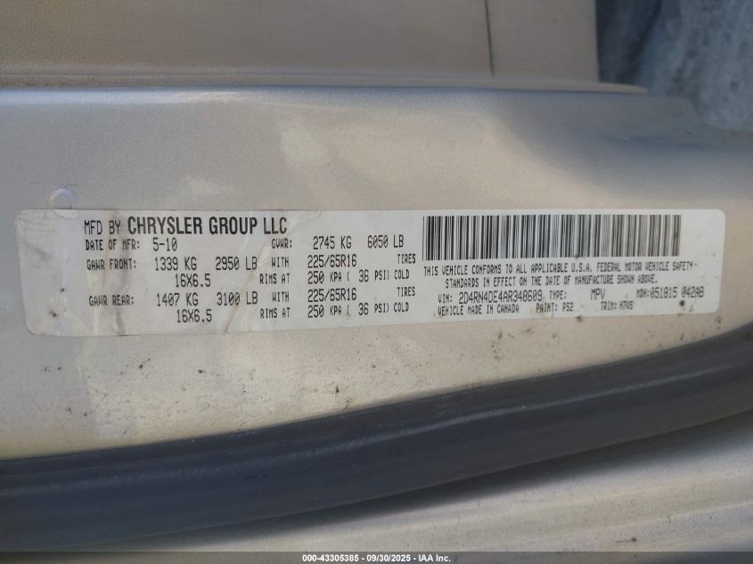 2010 Dodge Grand Caravan Se VIN: 2D4RN4DE4AR348609 Lot: 43305385