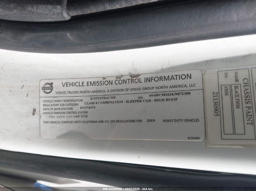 2019 Volvo Vnl VIN: 4V4NC9EH3KN872988 Lot: 43305390