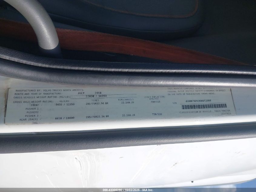 2019 Volvo Vnl VIN: 4V4NC9EH3KN872988 Lot: 43305390