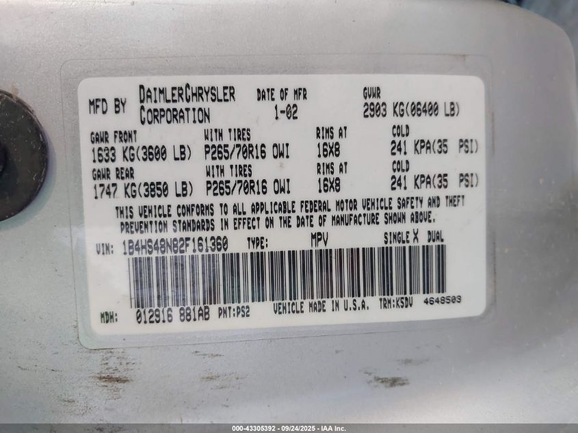 2002 Dodge Durango Slt VIN: 1B4HS48N82F161360 Lot: 43305392