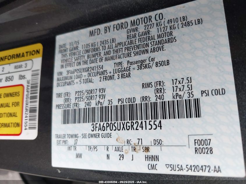 2016 Ford Fusion Energi Titanium VIN: 3FA6P0SUXGR241554 Lot: 43305394