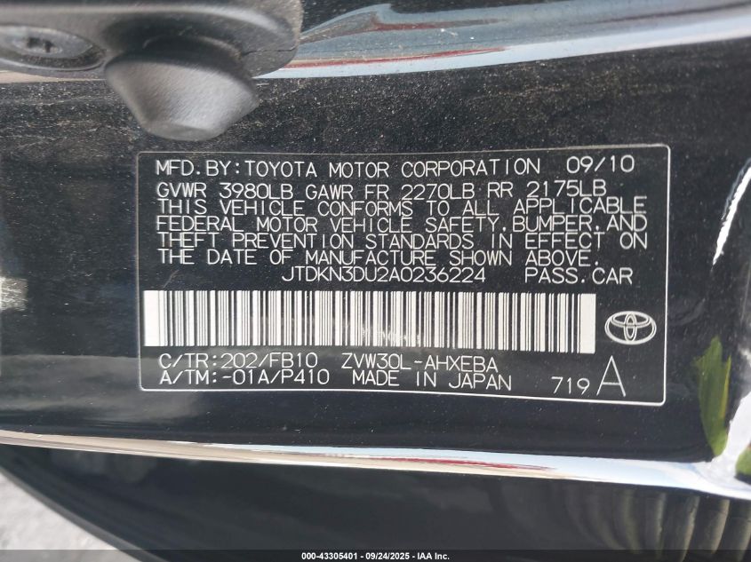 2010 Toyota Prius Iii VIN: JTDKN3DU2A0236224 Lot: 43305401